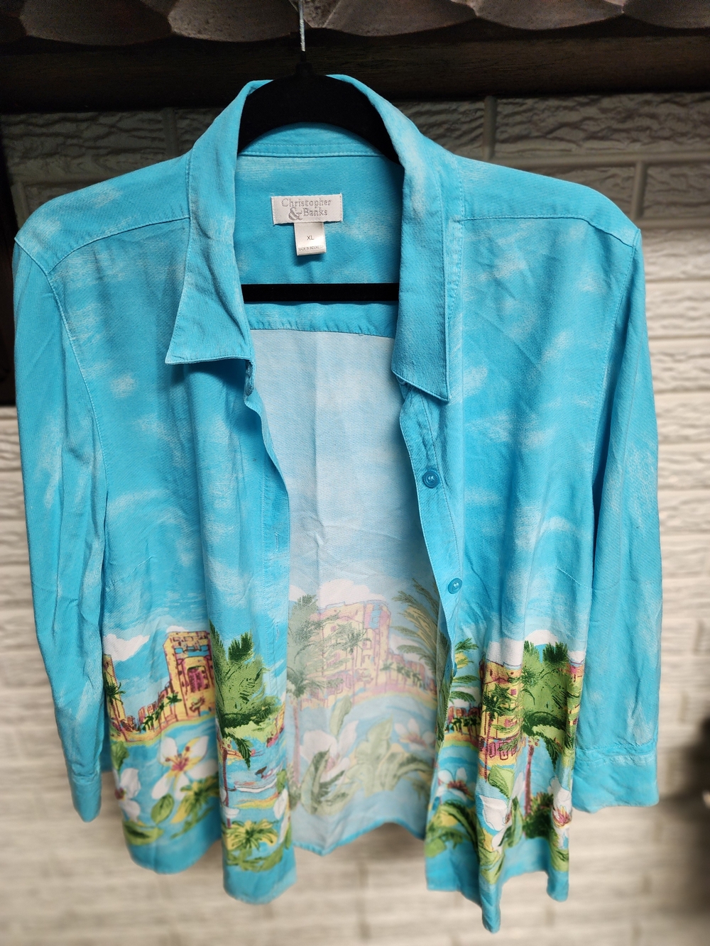 Christopher & Banks Women's Turquoise Hawaiian Print Button-Up Shirt